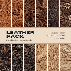 12 Papier numérique en cuir gaufré, motifs en cuir, textures florales marron western, cuir western pâle, mariage western, journal en cuir