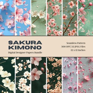 12 シルク桜着物デジタルペーパー、シームレスデザイン、滑らかな質感、桜、商用利用、デジタルダウンロード、布地印刷