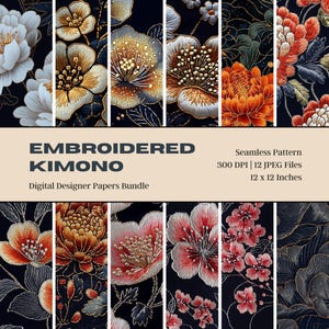 12 Japanse geborduurde kimono digitaal papier, bloemenpatroon, geborduurd ontwerp, afdrukbare ambachtelijke levering, Instant Download, Art Print