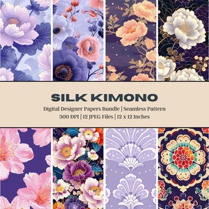 12 Seiden Kimono Digital Papier, Lila Kimono, Nahtloses Design, Slik Textur, druckbares Scrapbook Papier, kommerzielle Nutzung, Stoffdruck