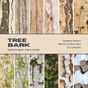 12 Carta digitale corteccia d'albero, motivo senza soluzione di continuità, carta con texture di albero, legno rustico, legno invecchiato, carte digitali stampabili, download digitale