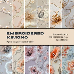 12 Japanse geborduurde kimono digitaal papier, bloemenpatroon, geborduurd ontwerp, afdrukbare ambachtelijke levering, Instant Download, Art Print