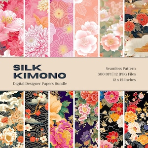 12 Carta digitale kimono giapponese, Sakura, Kimono, Design senza cuciture, Arredamento per la casa, Carta da parati floreale, Tessuto giapponese, Texture di seta