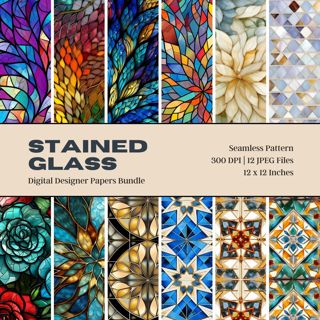 12 Stained Glass Digital Paper, Stained Glass Patterns, Stained Glass Panel, Stained Glass