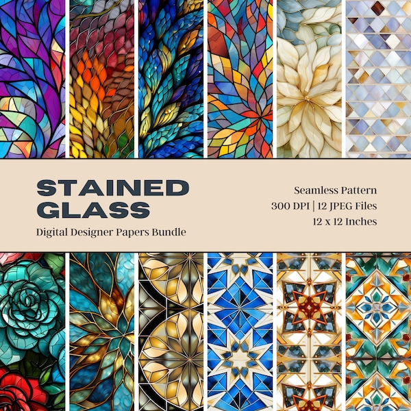 12 Stained Glass Digital Paper, Stained Glass Patterns, Stained Glass Panel, Stained Glass Flowers, Stained Glass Succulent, Fused Glass Art