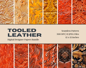 May include: A digital paper bundle of 12 seamless patterns featuring tooled leather designs in various shades of orange, yellow, and brown. The patterns include floral motifs, geometric shapes, and intricate details. The text "Tooled Leather" and "Digital Designer Papers Bundle" is displayed at the top of the image.