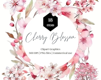 Aquarel kersenbloesem clipart, Sakura bruiloft graphics (PNG, 300 dpi)
