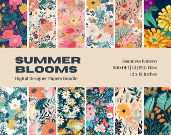 Summer Blooms Seamless Patterns, Floral Digital Paper (Digital Download)