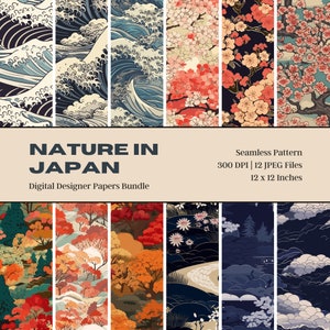 12 Japanische Natur Digitales Papier, nahtloses Design, Wellenmuster, Kirschblüte, druckbares Scrapbookpapier, kommerzielle Nutzung, digitaler Download
