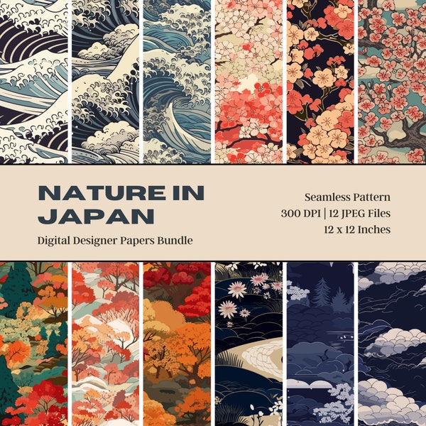 12 japanische Natur-Digitalpapiere, nahtloses Design, Wellenmuster, Kirschblüte, druckbares Scrapbook-Papier, kommerzielle Nutzung, digitaler Download