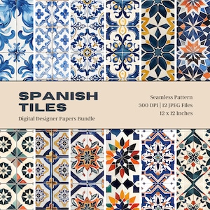 12 Spaanse tegels Digitaal papier, mozaïektegels, azulejos-tegels, keramische tegels, mediterrane tegels, plakboekpapier, naadloos patroon