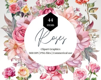 Watercolor Roses Clipart | Red, Blush Flowers, Wreaths (Digital Download)