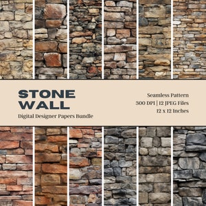 12 Stone Wall Digital Paper, Seamless Pattern, Stone Texture Background, Brick Wall Background, Commercial Use, Digital Download