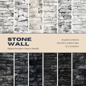 12 Stone Wall Digital Paper, Seamless Pattern, Stone Texture Background, Brick Wall Background, Commercial Use, Digital Download