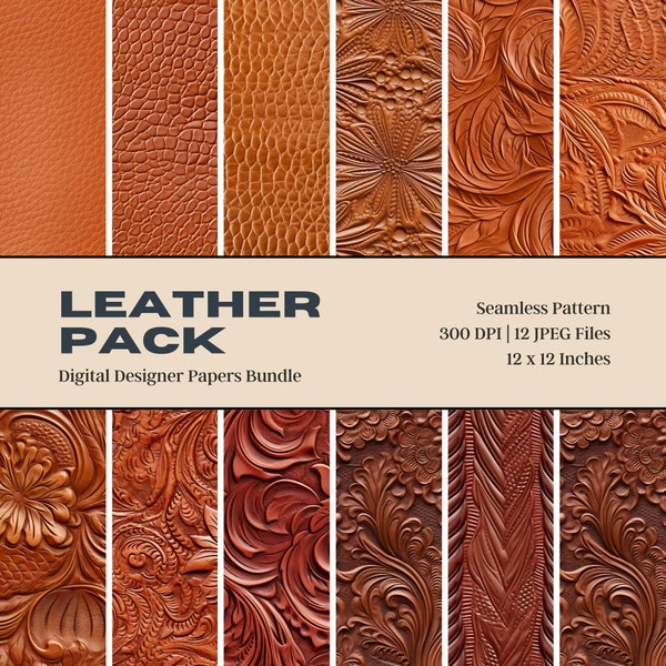 12 Embossed Leather Digital Paper, Leather Pattern, Western Leather Texture, Engraved Leather, Tooled Leather, Leather Journal