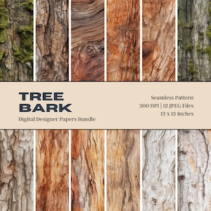 12 Carta digitale corteccia d'albero, motivo senza soluzione di continuità, carta con texture di albero, legno rustico, legno invecchiato, carte digitali stampabili, download digitale
