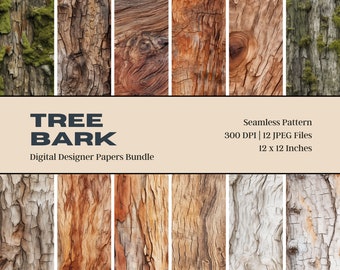 May include: A digital paper bundle featuring 12 seamless patterns of tree bark textures. The patterns are 300 DPI and 12 inches by 12 inches.