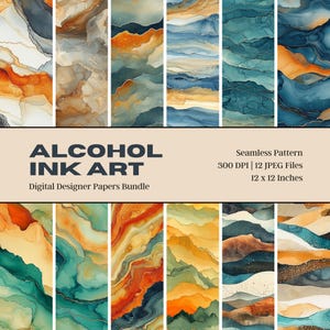 May include: A digital paper bundle featuring 12 seamless patterns of abstract alcohol ink art in shades of blue, orange, and gold. The patterns are 300 DPI and 12 x 12 inches.