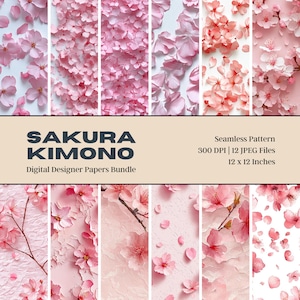 12 シルク桜着物デジタルペーパー、シームレスデザイン、滑らかな質感、桜、商用利用、デジタルダウンロード、布地印刷