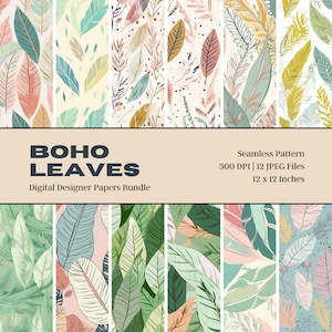 12 Boho Leaves Seamless Patterns, Scrapbook Paper, Hippie Digital Papers, Groovy Boho, Flower Vintage, Commercial Use, Digital Download