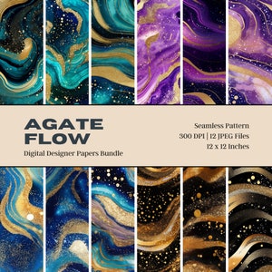 以下が含まれることがあります： 青、紫、黒、金の色合いで、キラキラとした効果のあるアゲート模様が特徴のデジタルペーパーデザイン12点。シームレスで、サイズは12インチ×12インチです。