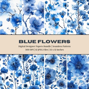 12 Blaue Blumen Digitales Papier, Japanische Blumenmalerei, Boho Floral, Nahtloses Blumenmuster, druckbare digitale Papiere, Blumendrucke