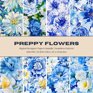 12 Blue and White Preppy Flowers Digital Paper, Preppy Floral, Seamless Flower Pattern, Printable Digital Papers, Summer Floral Prints
