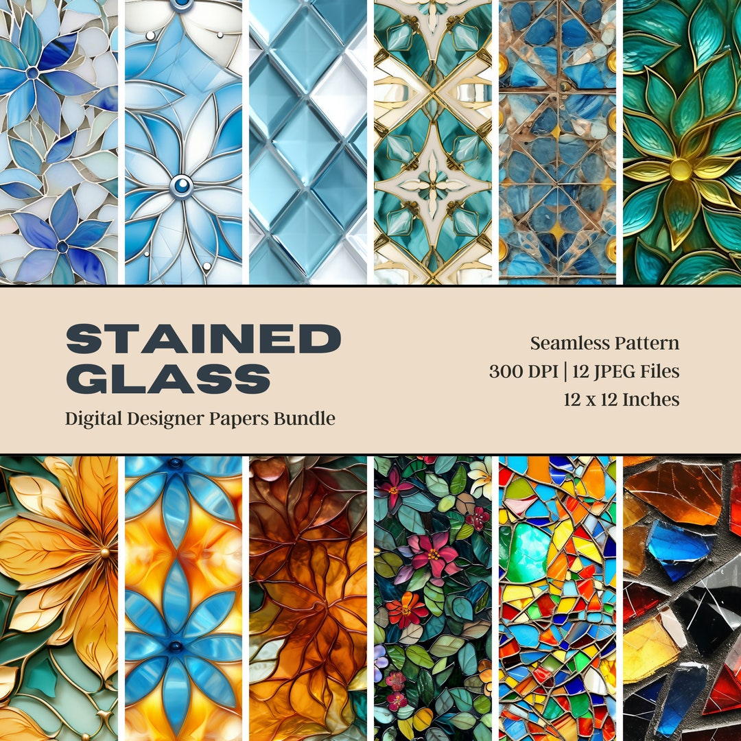 12 Stained Glass Digital Paper, Stained Glass Patterns, Stained Glass Panel, Stained Glass