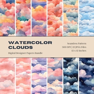 12 Watercolor Clouds Digital Paper, Seamless Design, Colorful Clouds. Cloud background, Cloudy Textures, Commercial Use, Digital Download