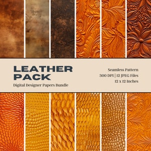 May include: A digital paper pack featuring 12 different leather textures. The pack includes 12 high-resolution JPEG files, each measuring 12 inches by 12 inches at 300 DPI. The textures include embossed patterns, crocodile skin, and plain leather.