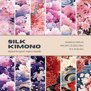 12 Carta digitale Kimono di seta, design senza soluzione di continuità, consistenza silicea, carta per album stampabile, uso commerciale, download digitale, stampa su tessuto