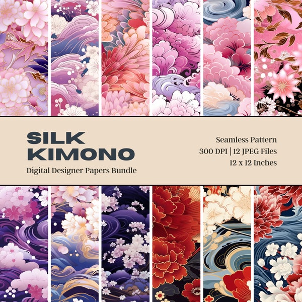 12 Seiden-Kimono-Digitalpapier, nahtloses Design, Slik-Textur, druckbares Scrapbookpapier, kommerzielle Nutzung, digitaler Download, Stoffdruck