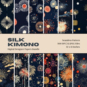 Papel digital de seda tipo kimono de color azul marino, patrón de fuegos artificiales, textura sedosa, papel para álbum de recortes imprimible, uso comercial, impresión sobre tela