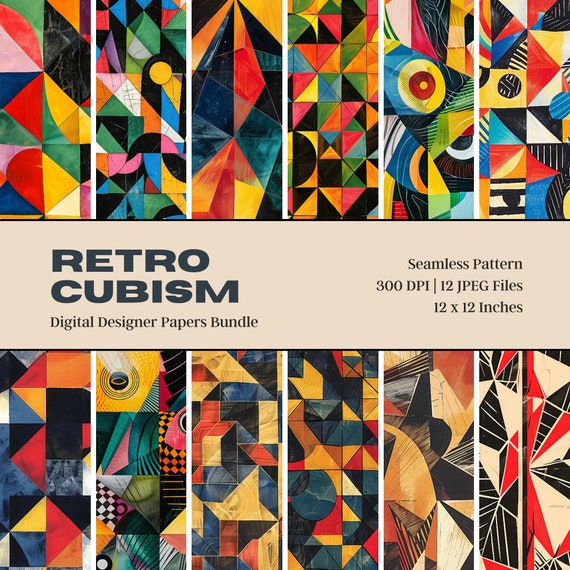 12 Retro Cubism Seamless Patterns, Geometric Abstract Cubism