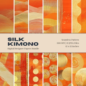 Papel digital de kimono de seda, kimono minimalista moderno, diseño sin costuras, kimono naranja y dorado, descarga digital, impresión en tela