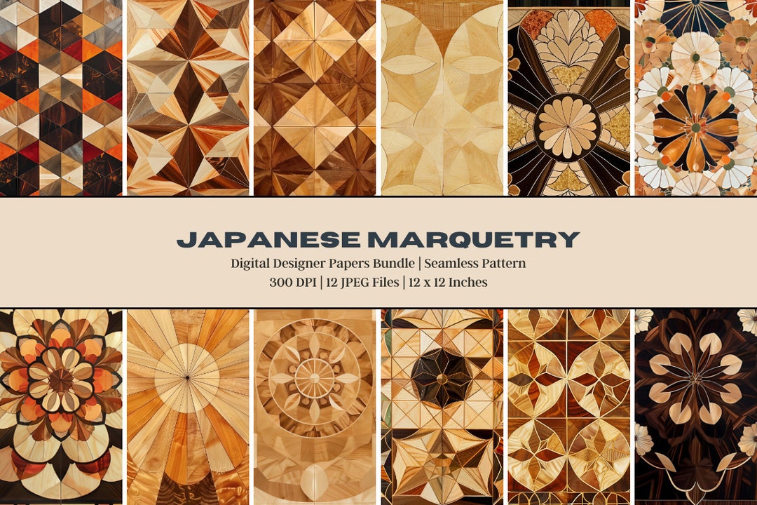 12 Japanese Marquetry Digital Paper, Wooden Secret Box