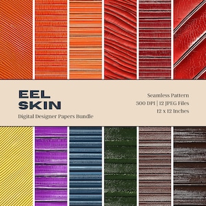 Op de afbeelding: Een digitale papierbundel met 12 naadloze patronen van palinghuidtexturen in verschillende kleuren, waaronder rood, oranje, geel, paars, blauw, groen en bruin. De patronen zijn 300 DPI en 12 x 12 inch.