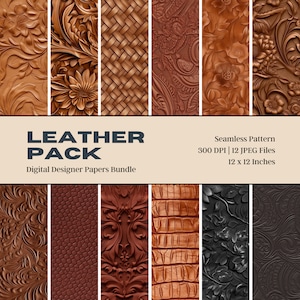 12 Papier numérique en cuir gaufré, motifs en cuir, textures florales marron western, cuir western classique, mariage western, journal en cuir