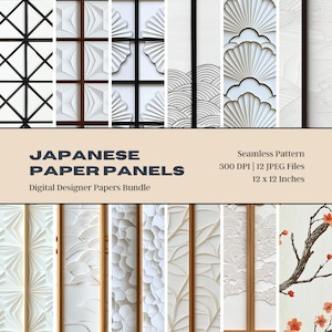 Puede incluir: Un paquete de papel digital con 12 patrones sin costuras de paneles de papel japoneses. Los patrones son en blanco y negro y presentan varios diseños geométricos, incluyendo olas, abanicos y flores. El paquete incluye 12 archivos JPEG, cada uno de 300 DPI y 30,48 cm por 30,48 cm.