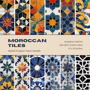 12 Moroccan Tiles Digital Paper, Mosaic Tiles, Zellige Tiles, Ceramic Tiles, Mediterranean Tiles, Scrapbook Paper, Seamless Pattern