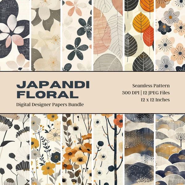 12 Japandi Floral Digital Paper, Seamless Design, Retro Boho, Japan Pattern, Midcentury Modern, Mid Century Art, Digital Download