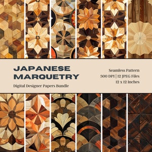 Pode incluir: Um pacote de papel digital com 12 padrões sem costura de designs de marquetaria japonesa. Os padrões são intrincados e detalhados, com uma variedade de tons e cores de madeira. Os padrões são de 30,5 cm por 30,5 cm e 300 DPI.