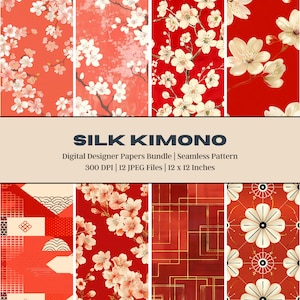 12 Carta digitale Kimono di seta, Kimono rosso, Design senza cuciture, Texture Slik, Carta per scrapbooking stampabile, Uso commerciale, Stampa su tessuto