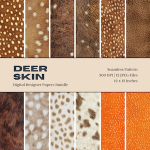 Op de afbeelding: Een digitale papierbundel met 12 naadloze patronen van hertenleer. De patronen zijn in verschillende tinten bruin, wit en oranje en zijn 300 DPI, 12 x 12 inch.