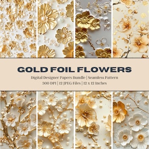 12 goudfoliebloemen digitaal papier, kersenbloesem, gouden plakboek, bruiloftdecor, kimonogewaad, gouden bloemen, Japanse sakurabloesem