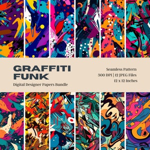12 Graffiti Funk Seamless Patterns, Graffiti Seamless Background, Pop Art, Papier do scrapbookingu, Zastosowanie komercyjne, Pobieranie cyfrowe