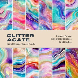 May include: A digital designer papers bundle featuring seamless patterns. The patterns showcase colorful agate designs with glitter accents. The image includes the text "GLITTER AGATE Digital Designer Papers Bundle" and "Seamless Pattern 300 DPI | 12 JPEG Files 12 x 12 Inches."