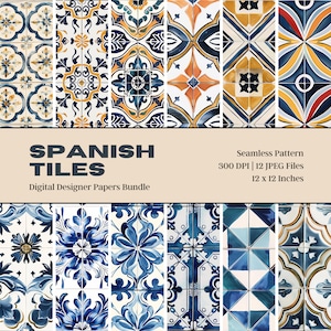 12 piastrelle spagnole carta digitale, piastrelle a mosaico, piastrelle azulejos, piastrelle in ceramica, piastrelle mediterranee, carta per album, motivo senza soluzione di continuità