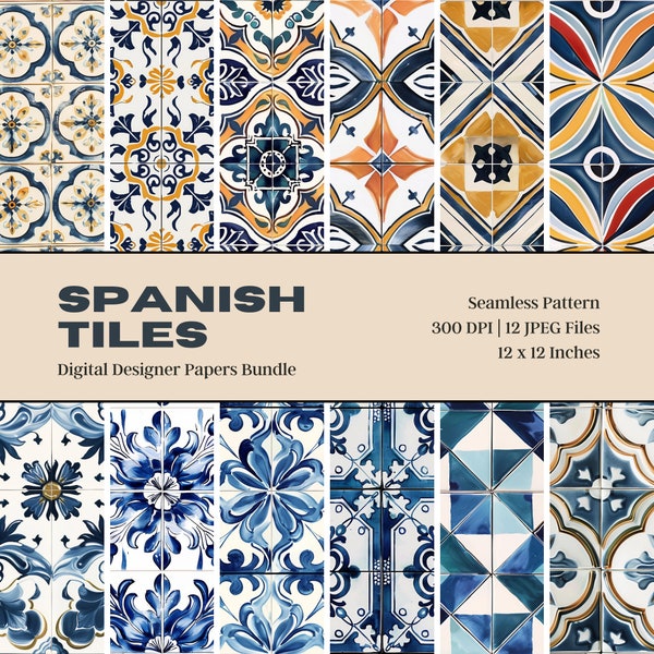 12 Spanish Tiles Digital Paper, Mosaic Tiles, Azulejos Tiles, Ceramic Tiles, Mediterranean Tiles, Scrapbook Paper, Seamless Pattern