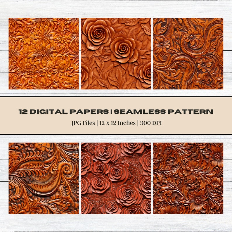 12 Western Tooled Leather Digital Paper, Leather Pattern, Western